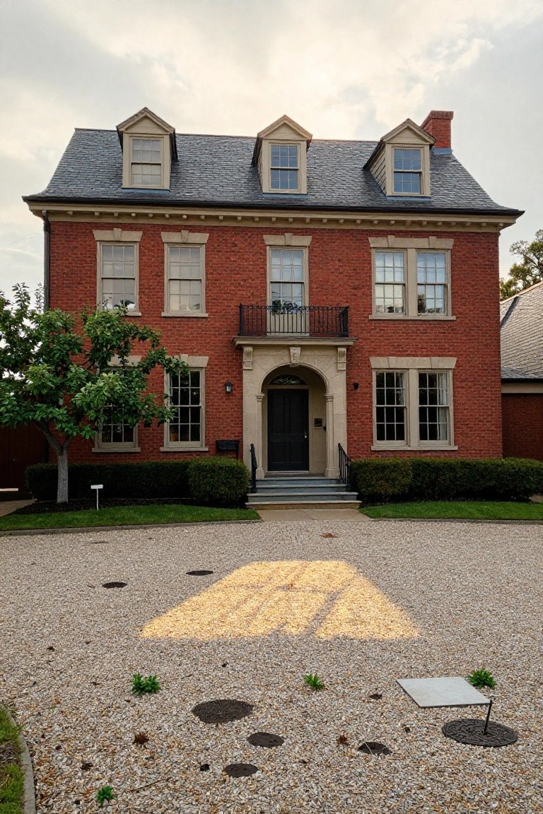 A two-story red brick Georgian Colonial house with slate roof, dormer windows, second-floor balcony, arched entry door, symmetrical windows, gravel driveway, hedges, and a small tree.