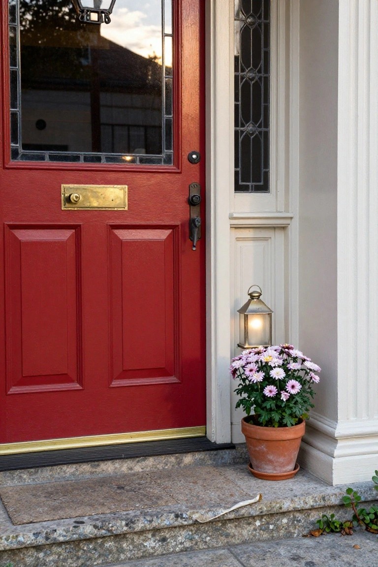 Red paneled front door with brass letterbox and knocker, stained glass sidelight, white column, hanging lantern, and potted pink chrysanthemums on stone doorstep.