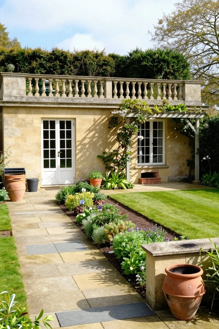 Small honey-colored stone outbuilding with balustrade balcony above, French doors on left and window on right covered by vine pergola, stone slab path bordered by flower beds and lawn leading to entrance, terracotta pots and plants around.