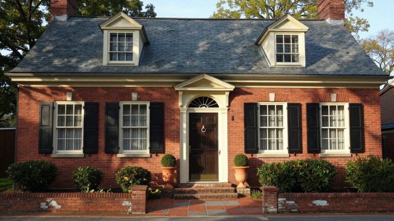 A two-story red brick Georgian Colonial house with gray slate roof, symmetrical white-trimmed multi-pane windows with black shutters, central pedimented entry with columns and dark wood door, brick side walls, boxwood topiaries in terracotta pots lining a slate stone walkway.
