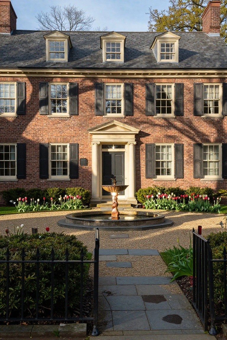 Red brick Georgian Colonial house with slate roof, dormer windows, black shutters, white columned portico over black front door, and central stone fountain with tulips in gravel courtyard.