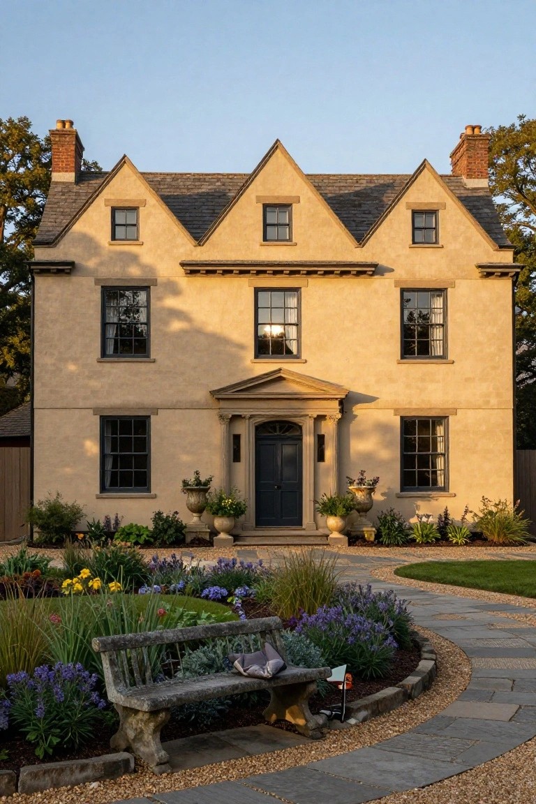 Beige stucco two-story Georgian colonial house with three front gables, symmetrical black-framed windows, classical pedimented entry with dark door and urn planters, curved stone pathway through flower beds and ornamental grasses, stone bench, and lawn in foreground.
