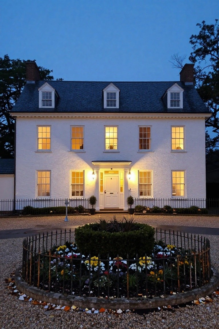 White two-story Georgian colonial house at dusk with dark slate roof, symmetrical lit windows, centered white front door under portico with lanterns, iron fence, gravel driveway, and circular front flower bed surrounded by trees.