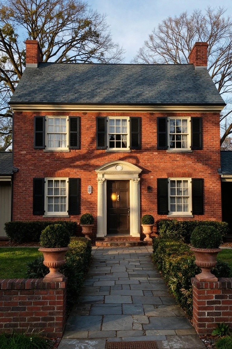 A two-story red brick Georgian Colonial house with gray slate roof, symmetrical white-trimmed multi-pane windows with black shutters, central pedimented entry with columns and dark wood door, brick side walls, boxwood topiaries in terracotta pots lining a slate stone walkway.