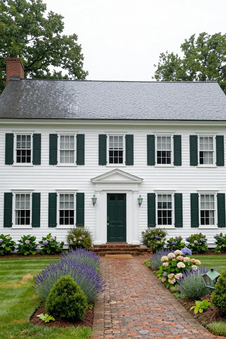 Two-story white clapboard Georgian Colonial house with dark green shutters on multiple windows, central green front door under white pediment and lanterns, brick pathway edged with lavender bushes and hydrangeas leading to entry, green lawn and trees around.