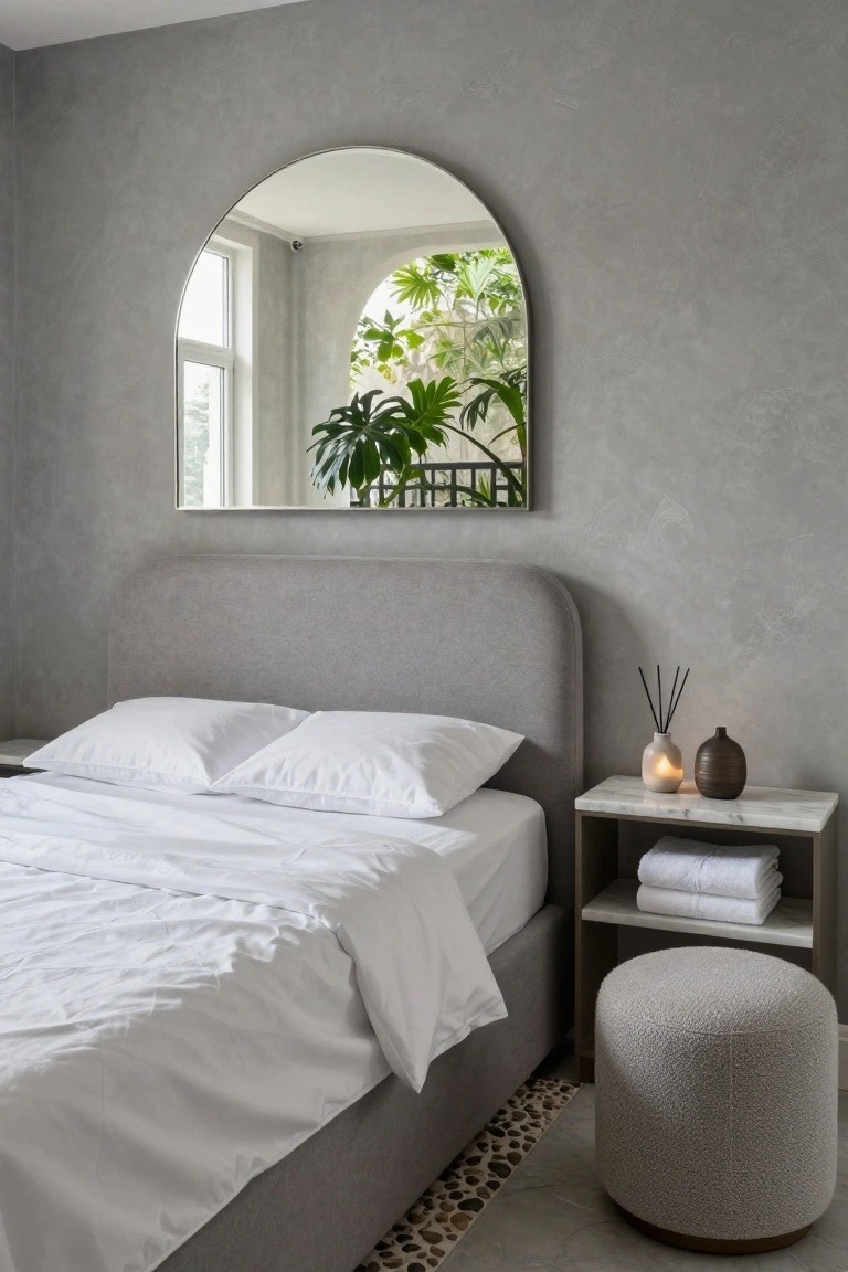 A bedroom with textured grey walls, a large arched mirror reflecting plants and a window, a grey upholstered bed with white sheets and pillows, marble nightstand with candles and reeds, and a fabric pouf stool on a tiled floor.
