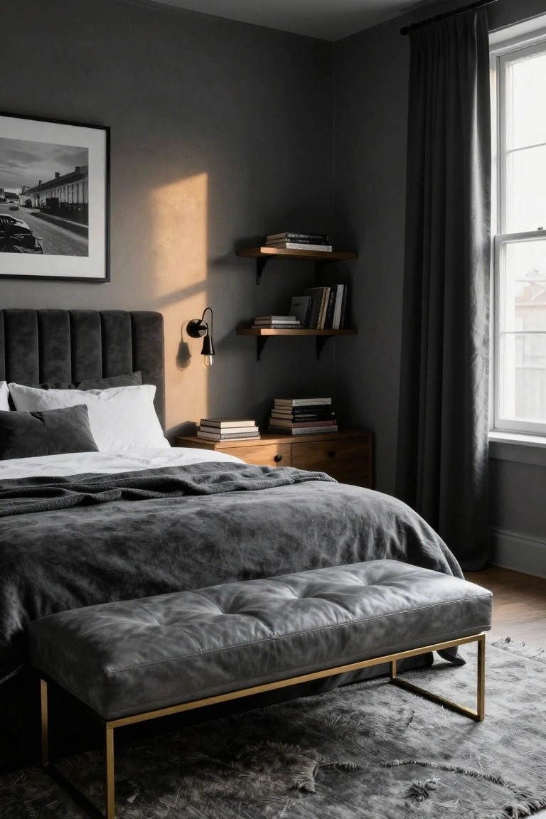 Corner of a bedroom featuring a dark grey tufted velvet upholstered headboard on a bed with white pillows and grey bedding, wooden nightstand with books, floating wooden shelves with books, black wall lamp, black-and-white street photo on wall, grey curtains on window, tufted grey leather bench with brass legs at bed foot, and grey rug on wood floor.