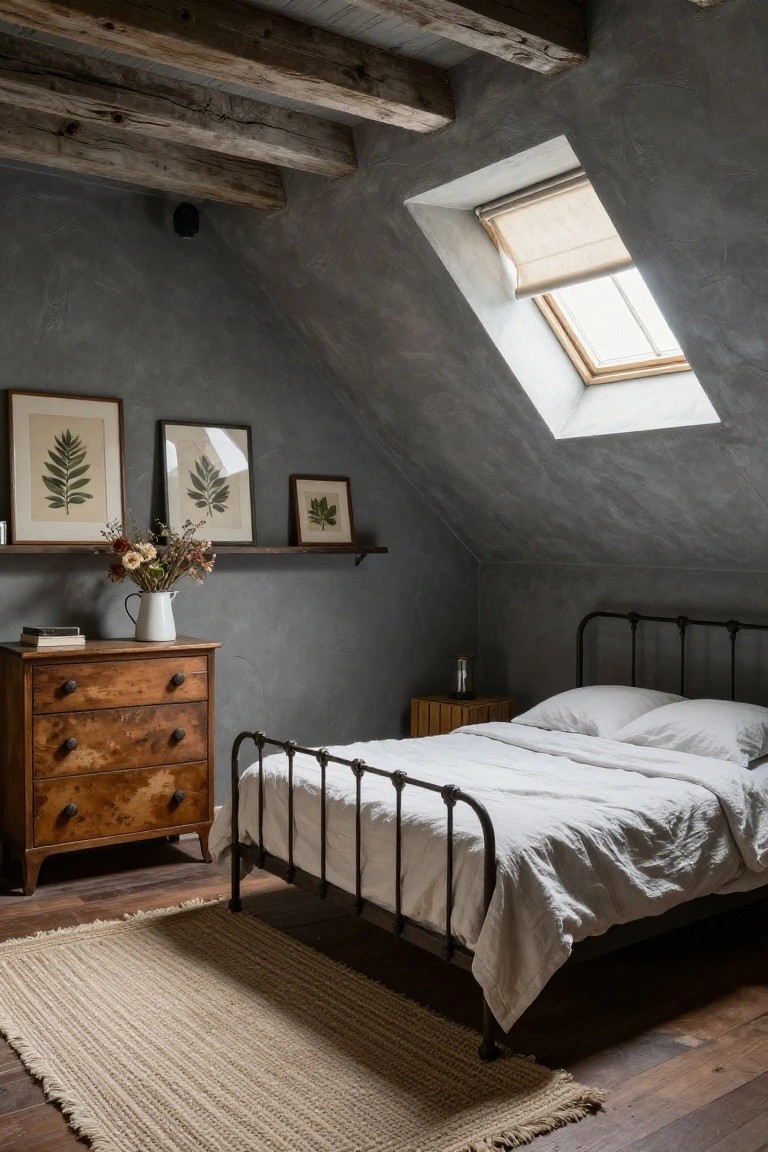 Attic bedroom with grey textured plaster walls, dark exposed wooden beams on sloped ceiling, skylight, black iron bed with white linens, wooden dresser, shelf with botanical prints and dried flowers.