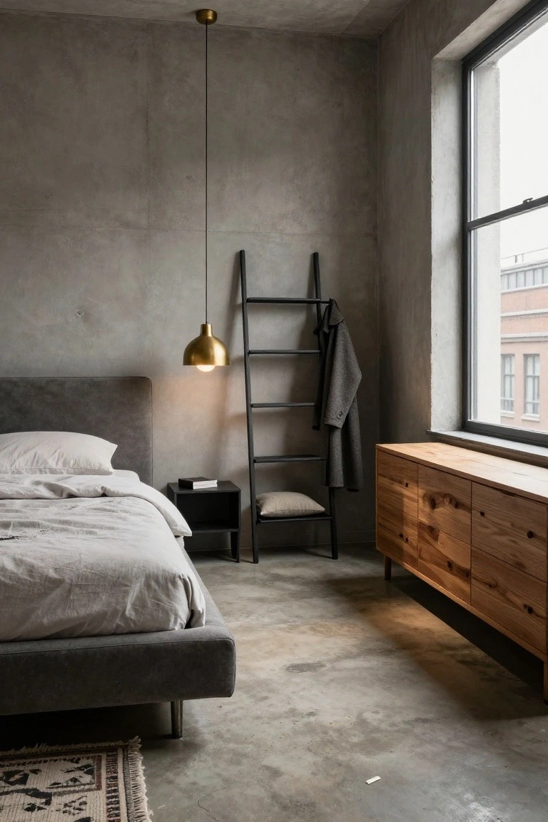 Modern bedroom featuring exposed concrete walls, grey upholstered platform bed with white linens, black metal ladder shelf with coat and cushions, wooden low dresser, and large window overlooking brick buildings.