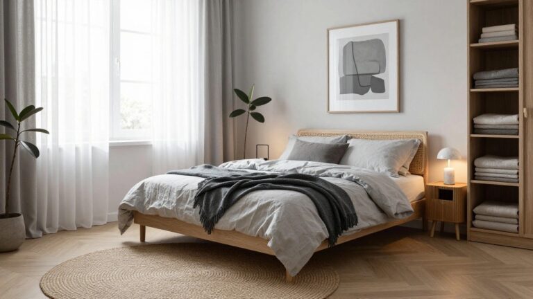 Light grey bedroom with oak wood bedframe and rattan headboard, grey linens and throw blanket, built-in wardrobe showing hanging clothes and folded linens, potted plant, lamp on wooden nightstand, sheer curtain on window, seagrass rug on herringbone wood floor.