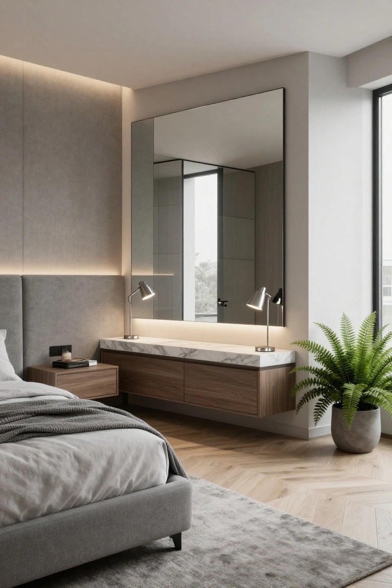 Modern grey bedroom with upholstered bed, floating wooden drawers topped with white marble, two desk lamps, large wall mirror, potted fern, and herringbone oak flooring.