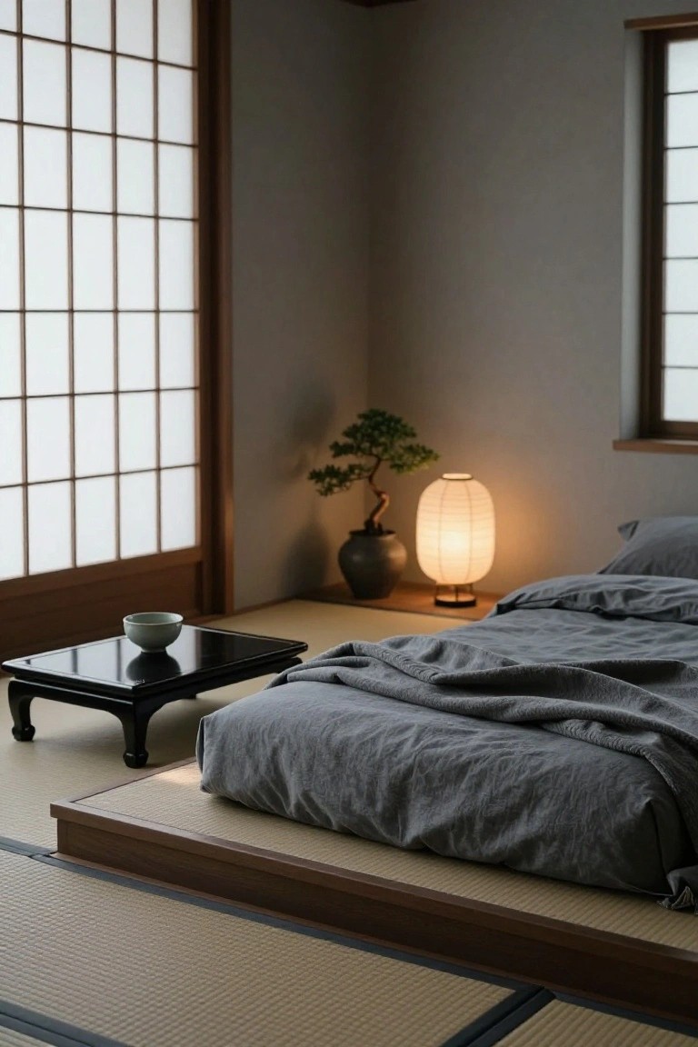 A minimalist Japanese bedroom featuring tatami floor mats, a low wooden platform bed with rumpled grey linens, a black low table holding a white bowl, a bonsai tree in a pot, a lit paper lantern, and shoji screen windows.