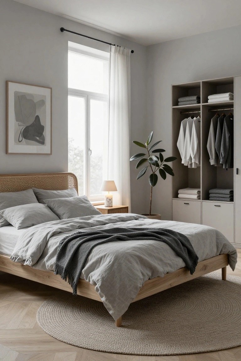 Light grey bedroom with oak wood bedframe and rattan headboard, grey linens and throw blanket, built-in wardrobe showing hanging clothes and folded linens, potted plant, lamp on wooden nightstand, sheer curtain on window, seagrass rug on herringbone wood floor.