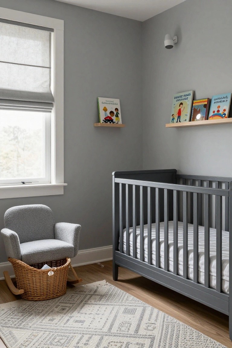 Light grey nursery room with dark grey crib, grey upholstered armchair, wooden rocking chair holding a basket, floating wooden shelves with children's books, neutral patterned rug, and hardwood floors.