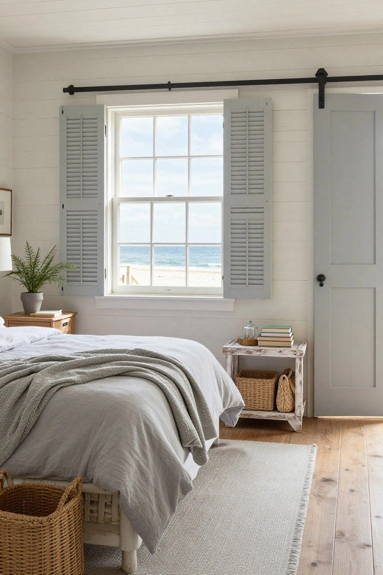 Bedroom with white shiplap walls, a bed covered in grey linens on a wicker frame, grey shutters on a double-hung window overlooking a beach and ocean, wooden nightstands with plants and books, baskets on the floor, and a grey sliding barn door.