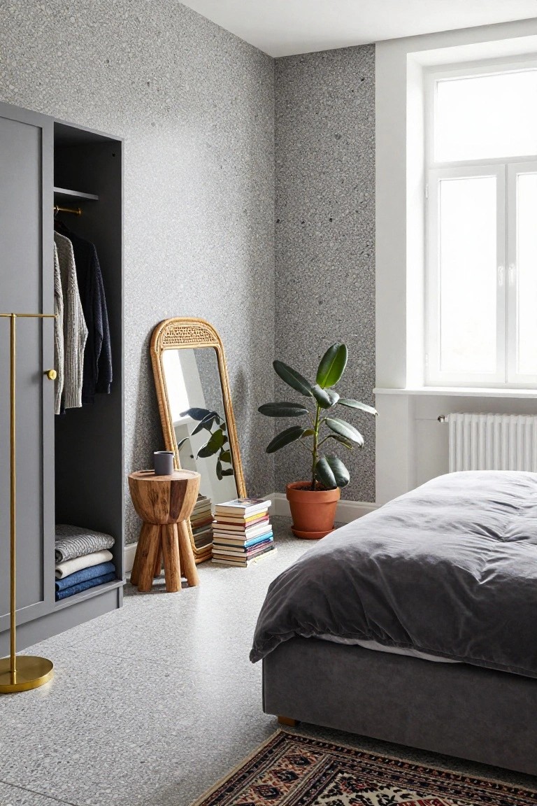 A bedroom corner with speckled grey terrazzo-style walls and matching floor, open grey wardrobe with hanging clothes and folded linens, rattan mirror, potted fiddle leaf fig plant, wooden stool stacked with books, gold floor lamp, and low grey upholstered bed beside a patterned rug.