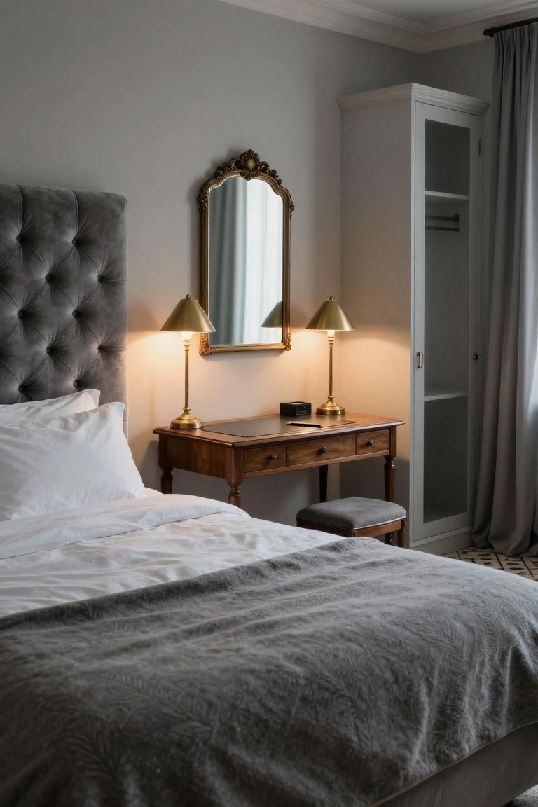 A bedroom with tufted grey velvet headboard on the bed dressed in white sheets and pillows with a grey throw, wooden desk with brass lamps and ashtray, ornate gold mirror, white wardrobe, and grey curtains.
