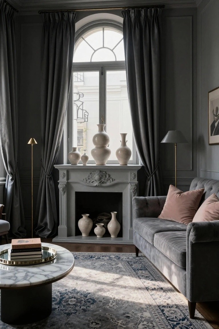 A living room interior with gray velvet sofa accented by pink pillows, white ceramic vases grouped on a carved fireplace mantel and windowsill, gold floor lamps, marble coffee table with books, and heavy gray curtains framing an arched window.
