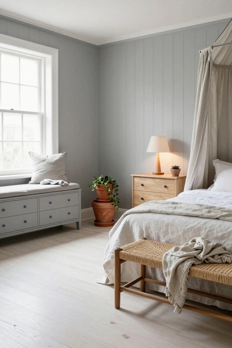 A bedroom with soft grey paneled walls, a canopy bed draped in white fabric with light linens, wooden nightstand and bench, grey storage bench under a multi-pane window, potted plants, and light oak flooring.