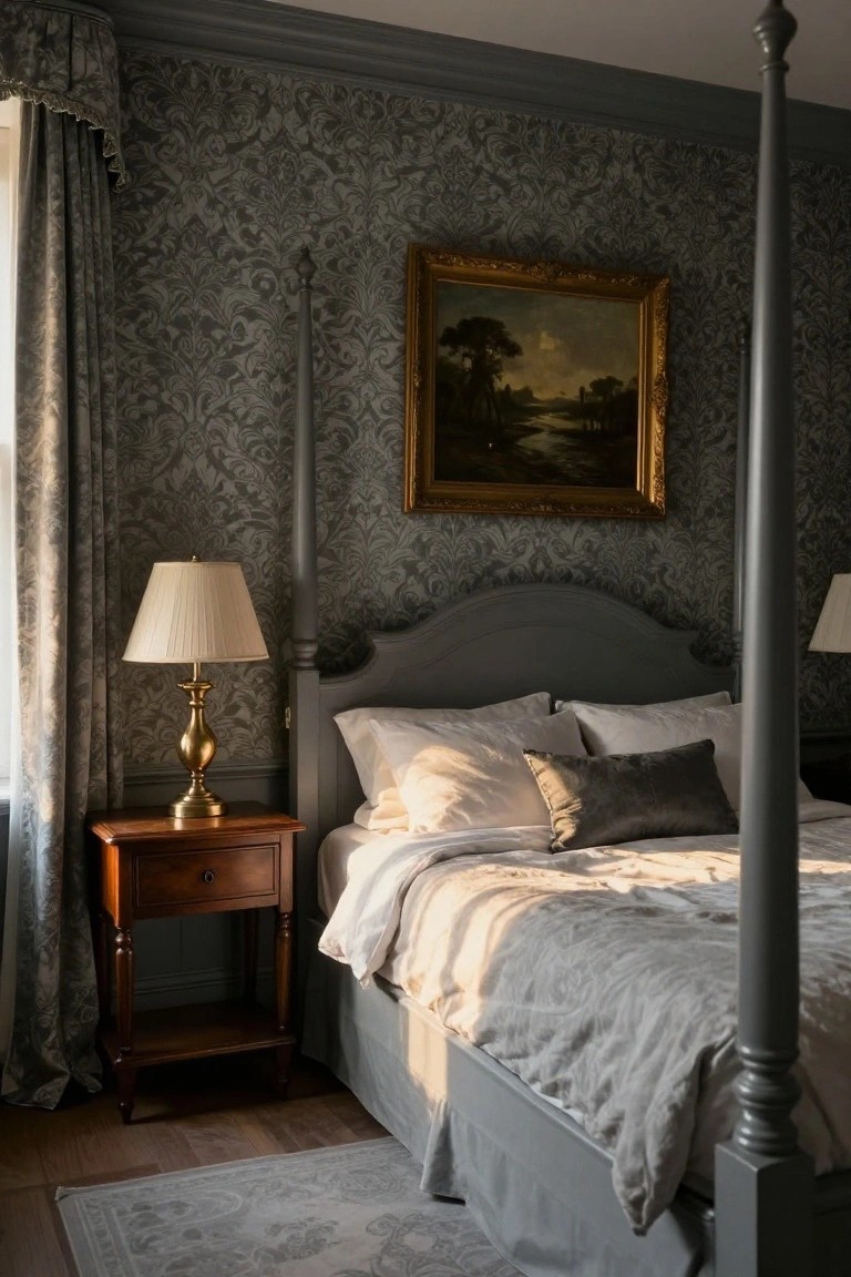 Grey four-poster bed with white pillows and linens in a bedroom with dark grey patterned wallpaper, brass lamp on wooden nightstand beside it, and gold-framed landscape painting on wall.