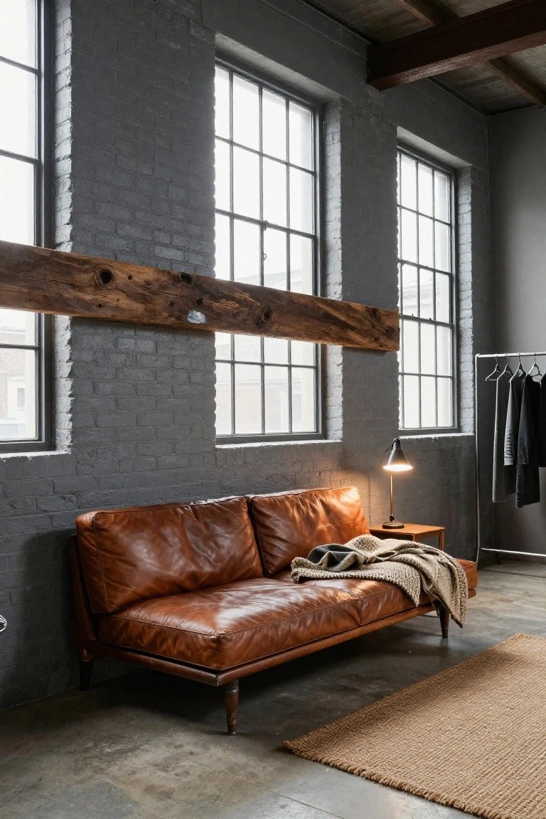 Tan leather sofa with throw blanket on a wooden side table next to it, against grey exposed brick walls in an industrial room with large windows, wooden beam overhead, and clothing rack nearby.