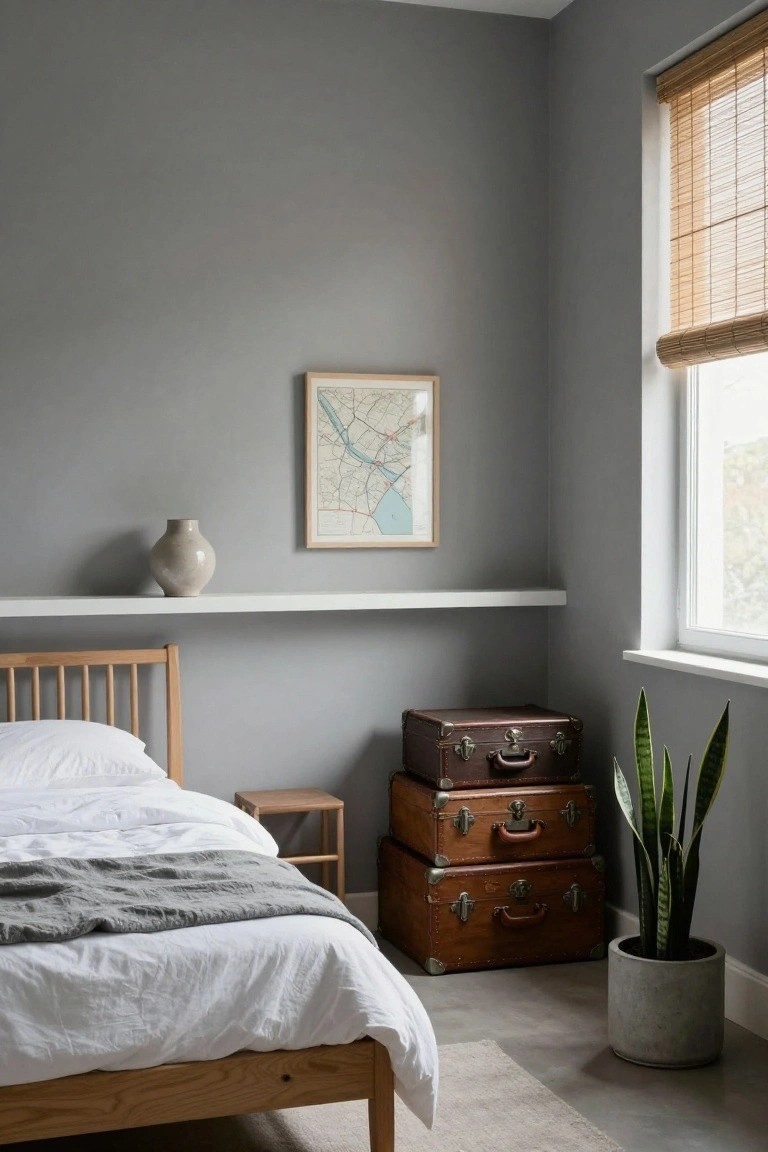 Corner of a gray bedroom with light oak bed draped in white sheets and gray throw, three stacked brown leather vintage suitcases beside it, snake plant in gray pot, floating shelf with vase, and framed map on wall.