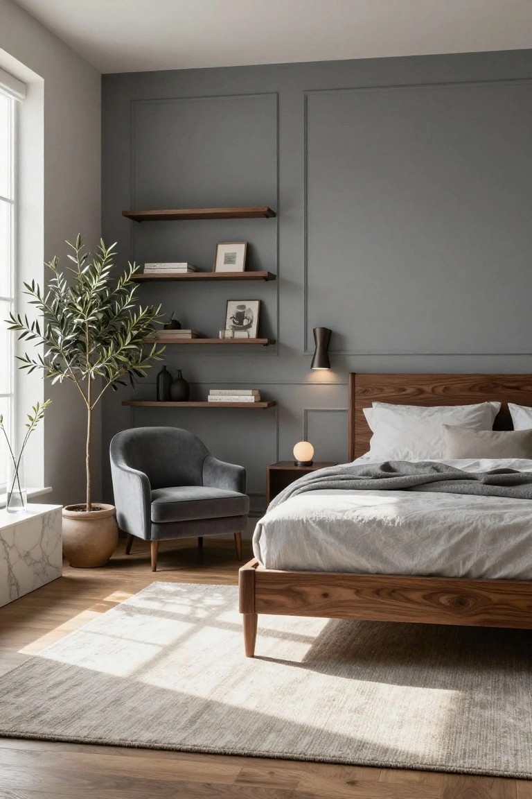 Modern bedroom corner with light grey paneled walls, floating walnut wood shelves holding books, frames, and plants including a potted olive tree, grey velvet armchair, walnut bed frame with white bedding and throw, side table with lamp, white marble sill, and light wood floors with cream rug.