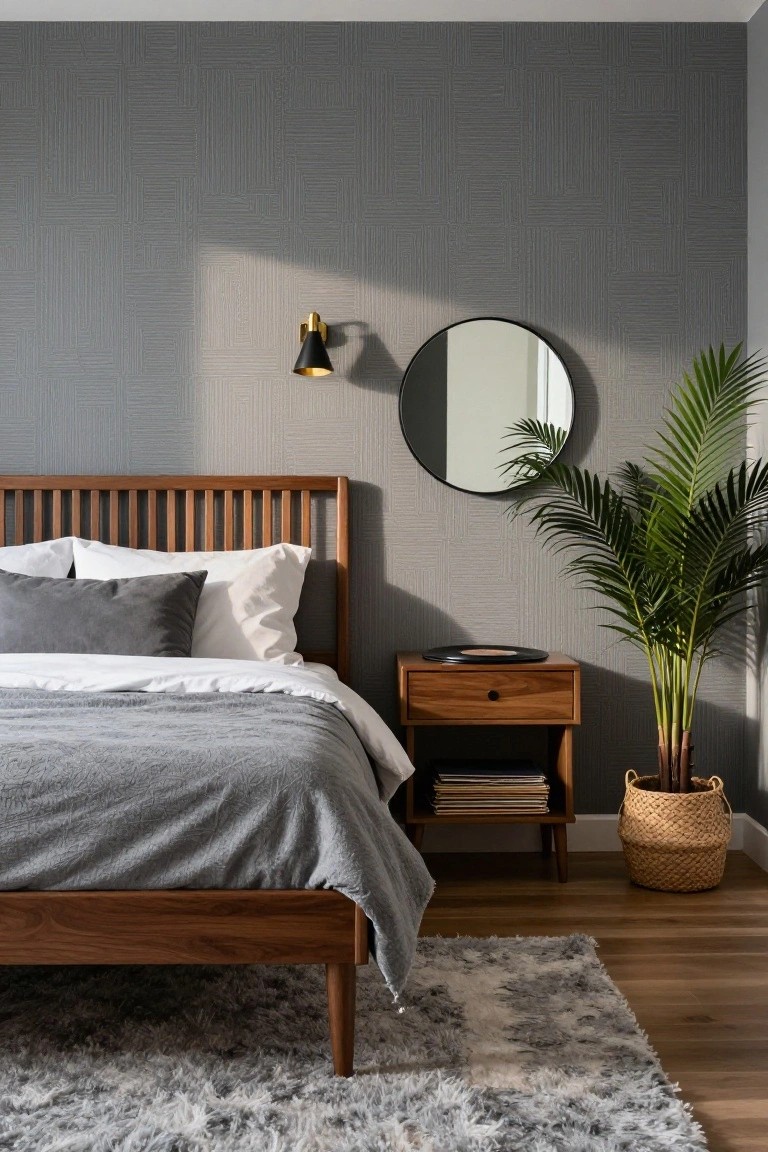 A minimalist bedroom with grey textured walls, wooden bed frame with slatted headboard, matching nightstand holding a record player and books, round black mirror, potted palm plant in woven basket, and shag rug on wood floor.