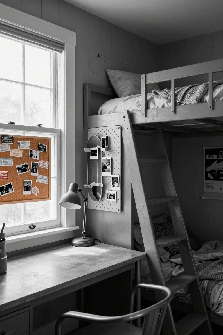 Grayscale photo of a child's bedroom with wooden bunk bed on ladder, desk and chair below, adjustable lamp, corkboard by window, and pegboard on wall.
