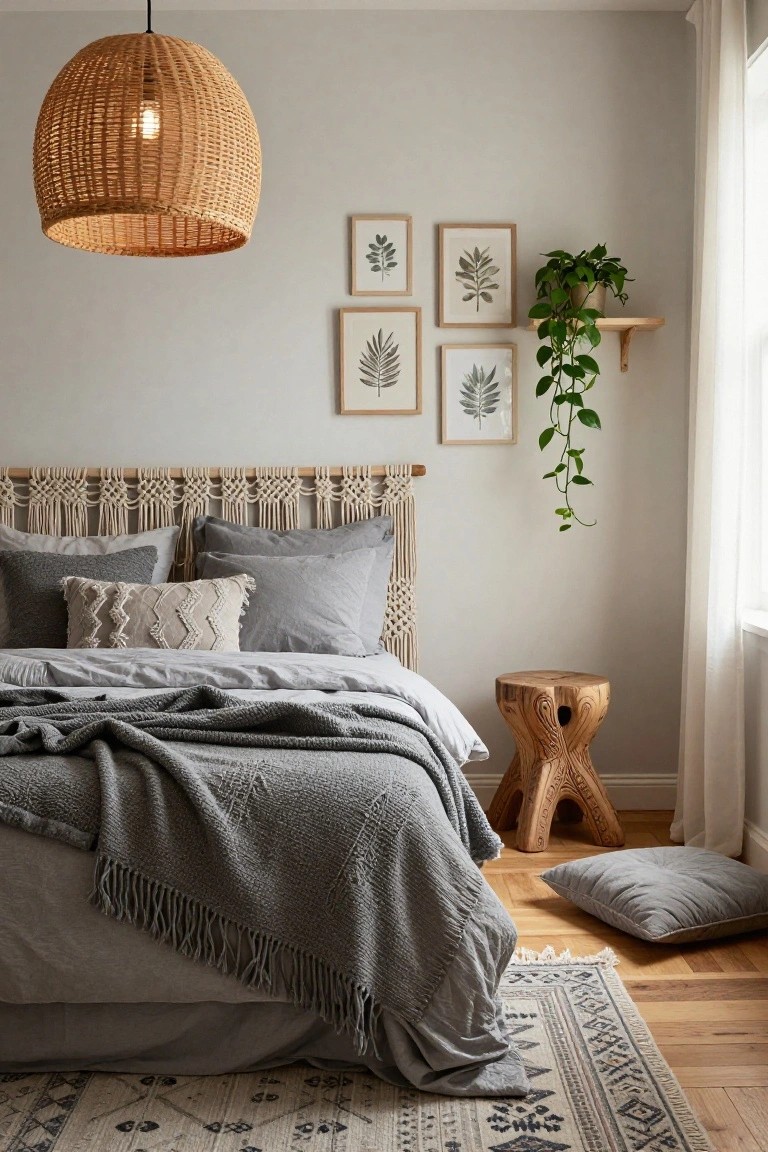 Light grey bedroom with macrame-wrapped wooden headboard, rattan pendant lamp overhead, neutral grey bedding and pillows on bed, carved wooden stool beside, floor cushion, trailing potted plant on wall shelf by window, patterned rug on hardwood floor.