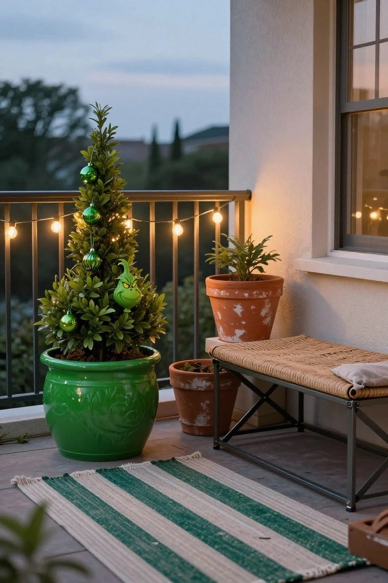Small potted evergreen tree decorated with green Christmas balls, Grinch figure ornament, and string lights on a balcony railing next to plants, a bench, and striped rug.