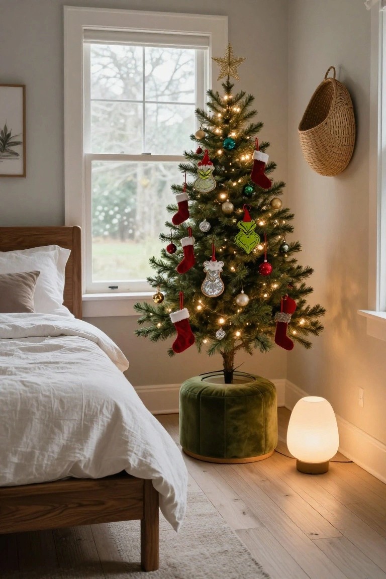 A small lit Christmas tree decorated with Grinch-themed ornaments stands in the corner of a light gray bedroom beside a wooden bed with white linens, near a large window with outdoor trees visible.