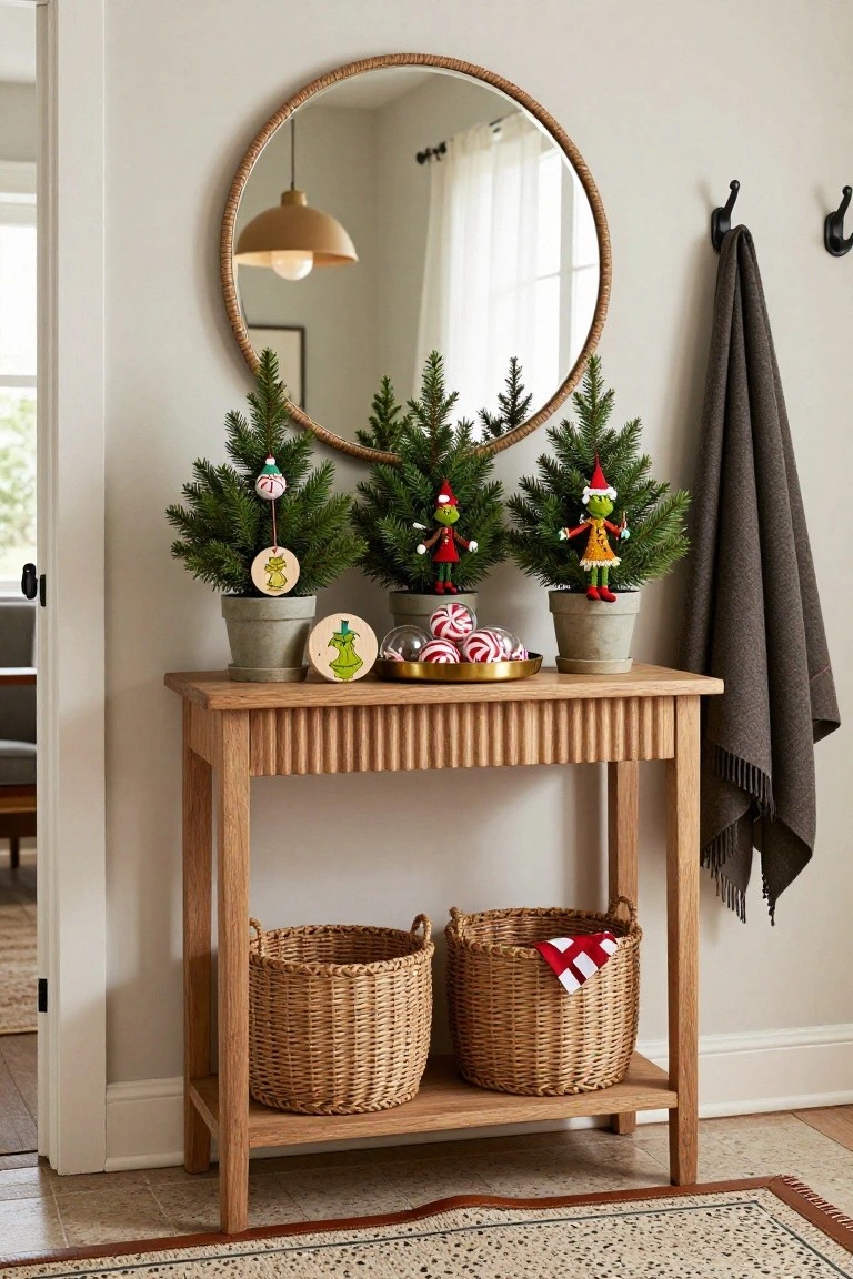 Wood console table in an entryway holding three small potted Christmas trees decorated with Grinch elf and character ornaments, a wooden Grinch bell, glass candy dish with peppermints, round rattan mirror above flanked by coat hooks with gray towel, two wicker baskets below.