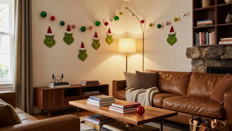 Cozy living room with a lit Christmas tree covered in green Grinch face ornaments wearing red Santa hats, mixed with colorful balls, beside a leather sofa, stone fireplace, and wooden coffee table.