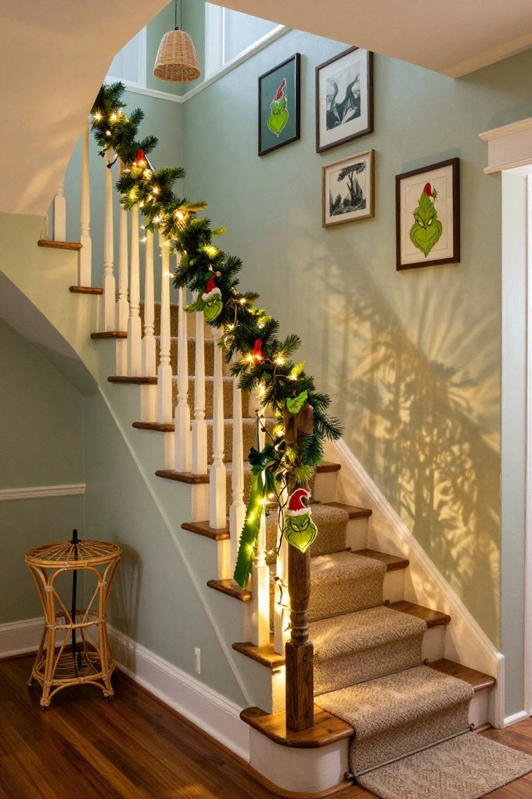 Staircase with white wooden railings wrapped in green garland strung with white lights and red accents, Grinch face plush toys hanging from the banister, and Grinch artwork on pale green walls.