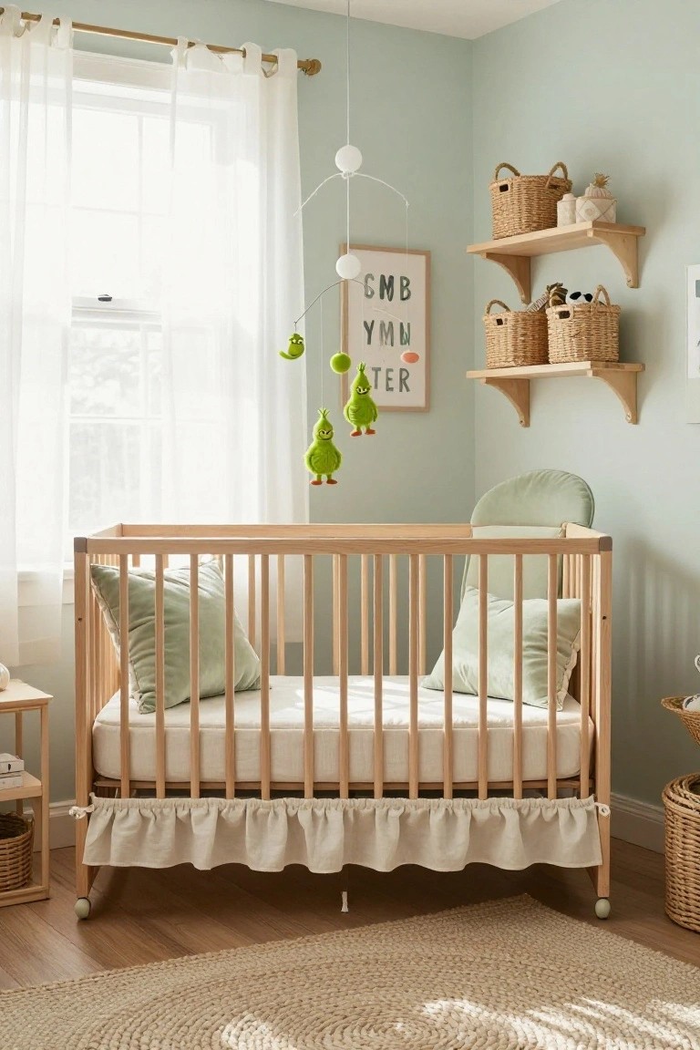 Light wood crib with green pillows and skirt in a pastel green nursery, Grinch character mobile hanging above, floating wood shelves with woven baskets, sheer white curtains on window, and seagrass rug on wood floor.