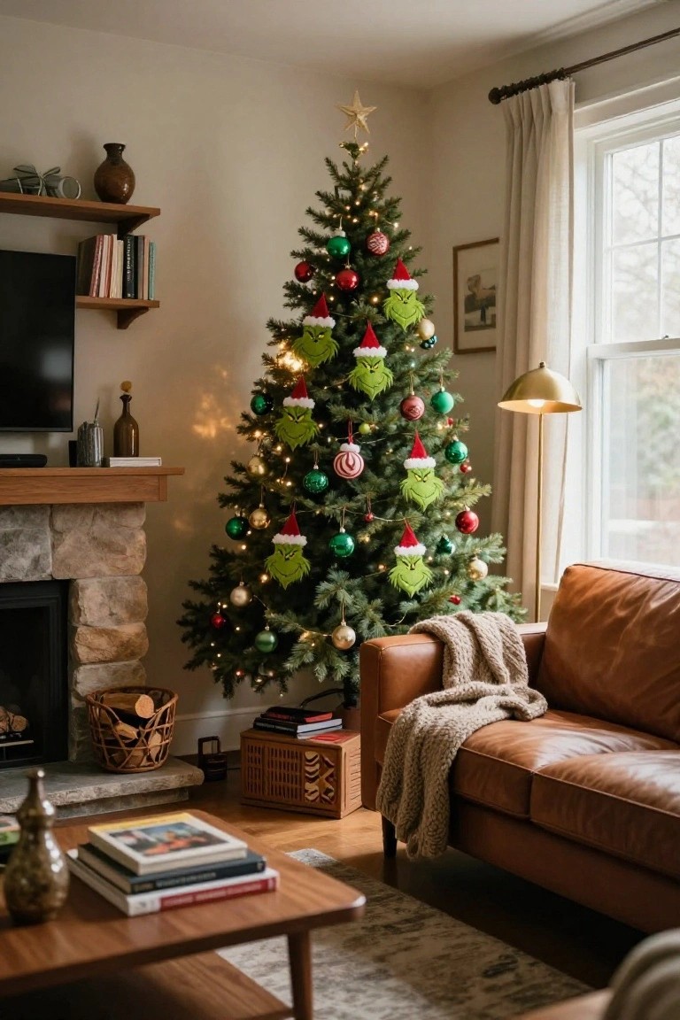 Cozy living room with a lit Christmas tree covered in green Grinch face ornaments wearing red Santa hats, mixed with colorful balls, beside a leather sofa, stone fireplace, and wooden coffee table.