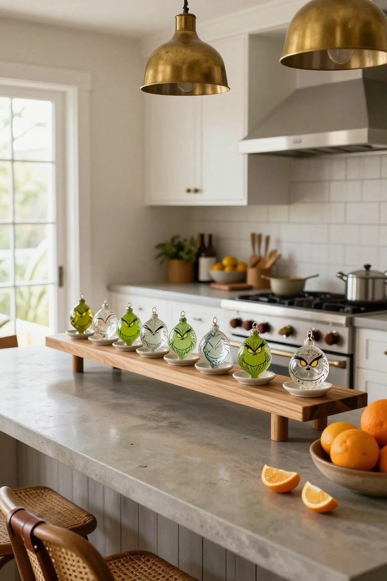 Modern kitchen with white cabinets, brass pendants, and a wooden tray on the gray island holding eight glass Grinch ornaments in white saucers, next to a bowl of oranges and wood bar stools.