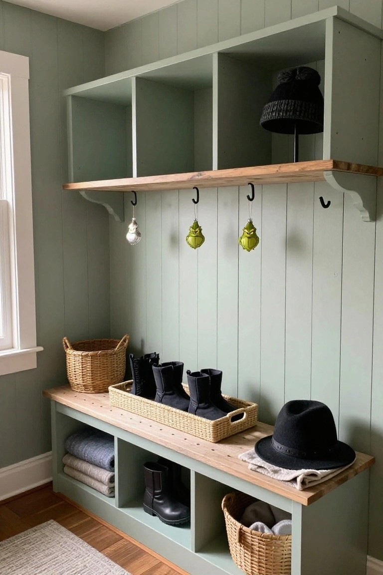 Sage green mudroom with built-in bench, cubbies containing boots and baskets, upper shelves holding hats, wooden hooks on beadboard wall from which silver bell, green glass balls, and Grinch face ornaments hang, next to window and hardwood floor.