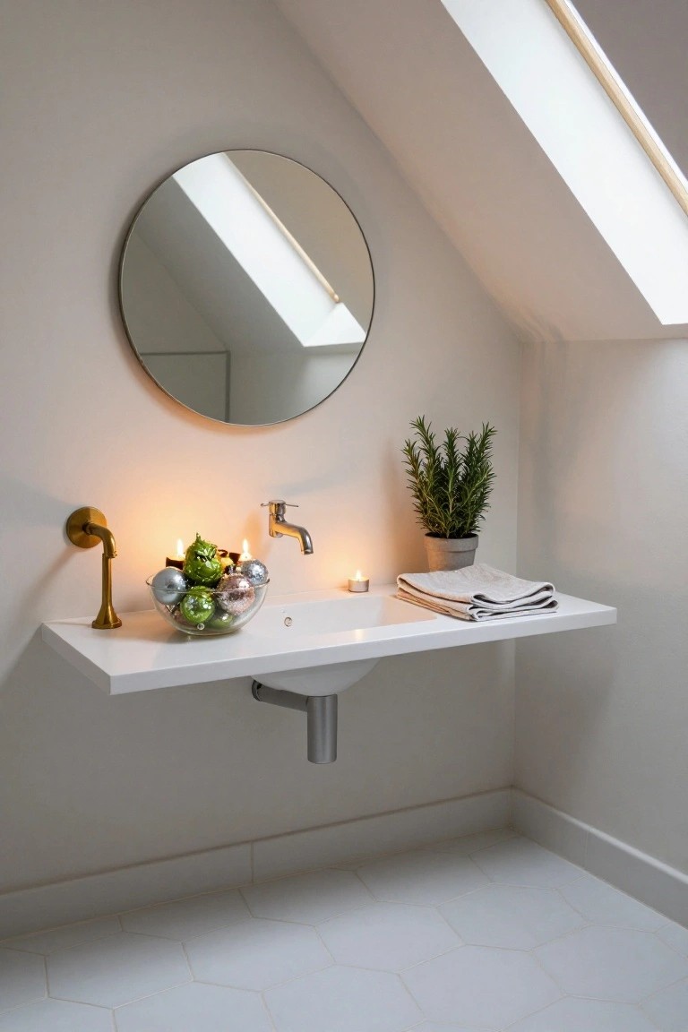 White floating bathroom sink with gold wall lamp, glass bowl of green silver and multicolored Christmas ornaments, rosemary plant in gray pot, folded towels, candles, and round mirror below sloped ceiling with skylight on white hexagonal tile floor