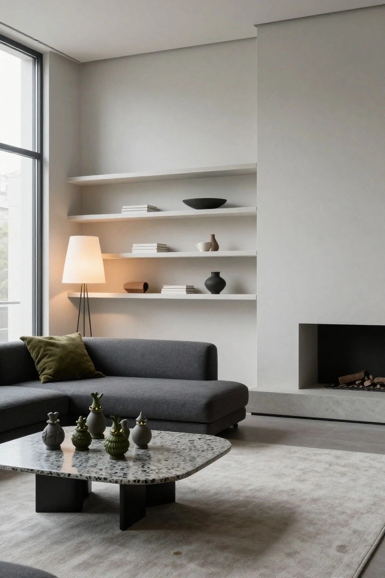 Modern living room with gray sofa, terrazzo coffee table topped with several green sculptural pine-like ornaments, white floating shelves holding books and ceramics, tripod floor lamp, large window, and recessed fireplace with logs.