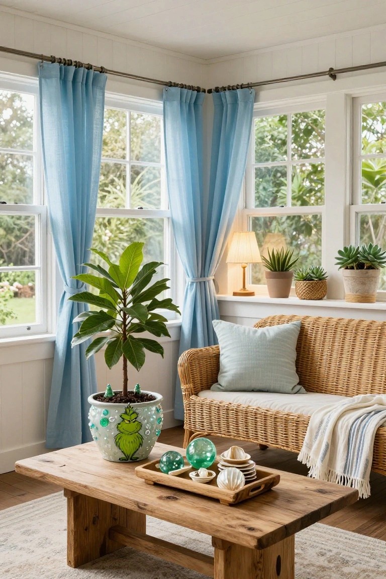 Sunlit living room corner with rattan sofa, wooden coffee table holding Grinch-decorated blue pot with ficus tree and decorative shells, plants on windowsill, blue curtains, and garden view.