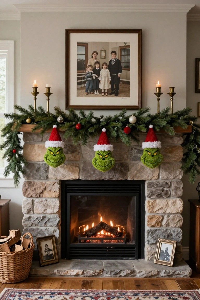 Stone fireplace mantel decorated with three green crocheted Grinch faces wearing red Santa hats, evergreen garland with ornaments and balls draped across, brass candelabras on ends, family photo in frame above, firewood basket and small frames nearby.