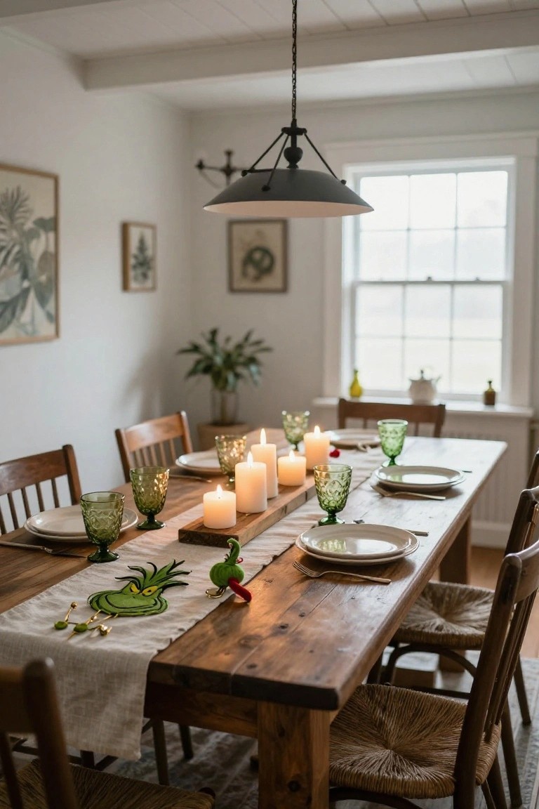 Wooden dining table in a white-walled room set with a cream linen runner featuring embroidered green Grinch face and red figure, green glass goblets, white plates, pillar candles in a wooden tray, and wooden chairs.