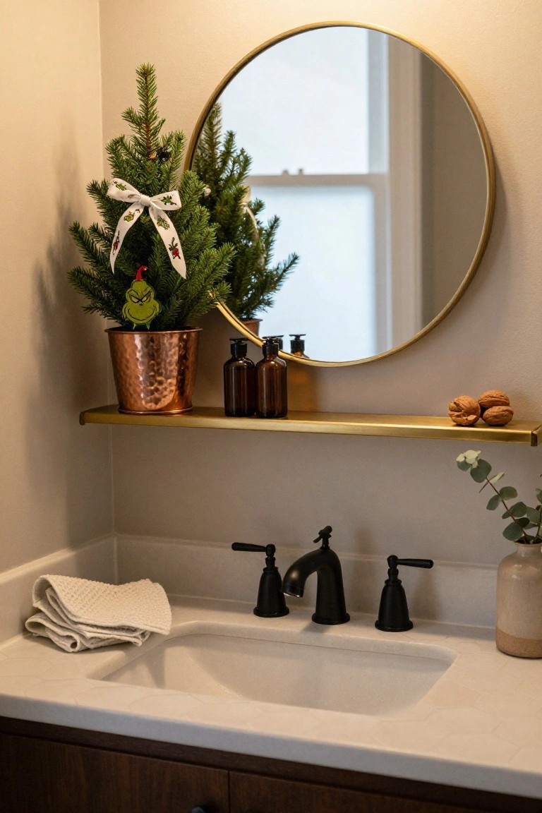 Small Christmas tree in copper pot decorated with Grinch ornament and ribbon on gold shelf above white sink with black faucet, flanked by brown glass bottles and round gold mirror in bathroom.
