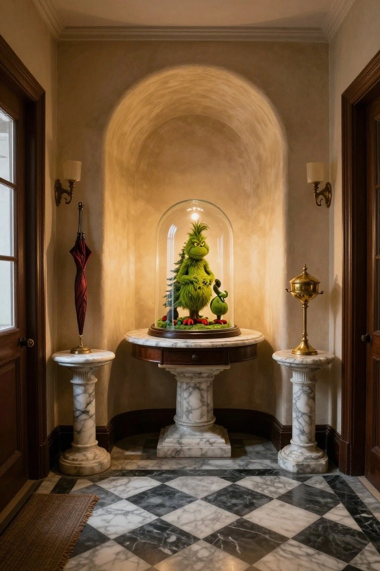 Arched entryway niche with a glass-domed Grinch figure holding a small Christmas tree and accompanied by a smaller green character on a marble pedestal table, flanked by marble columns, wall lamps, umbrellas, and gold incense burners on a black and white checkered marble floor.