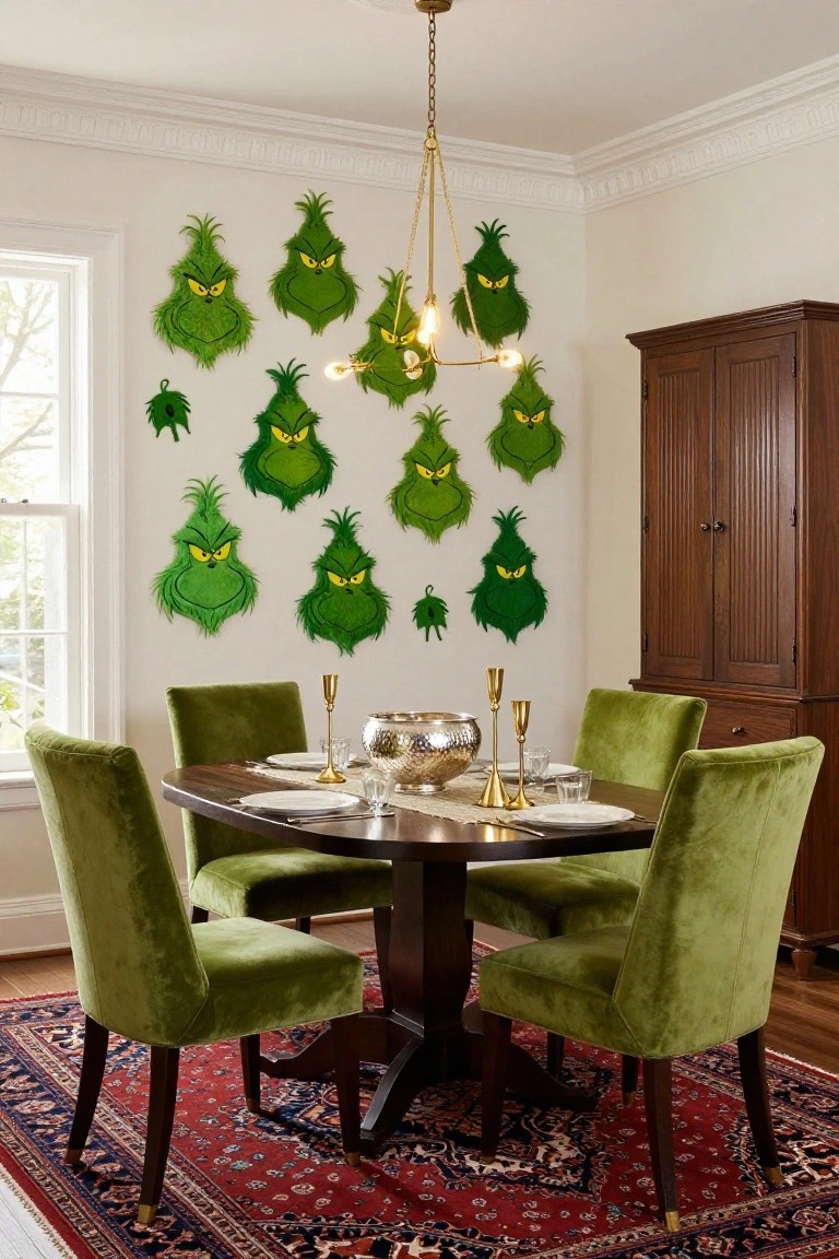 Dining room with multiple green fuzzy Grinch face and body cutouts mounted on white walls, green velvet chairs around a dark wood table set with plates, silver bowls, and gold candlesticks, brass chandelier hanging above, wooden armoire in corner, and red oriental rug on floor.