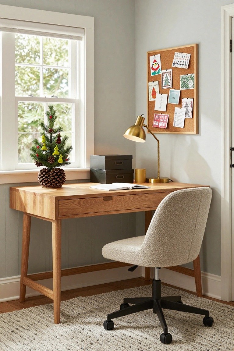Light gray home office corner with oak desk holding open notebook, gold lamp, small pinecone-based Christmas tree with yellow and red Grinch ornaments, beige upholstered chair, and corkboard of holiday cards by window with trees outside.