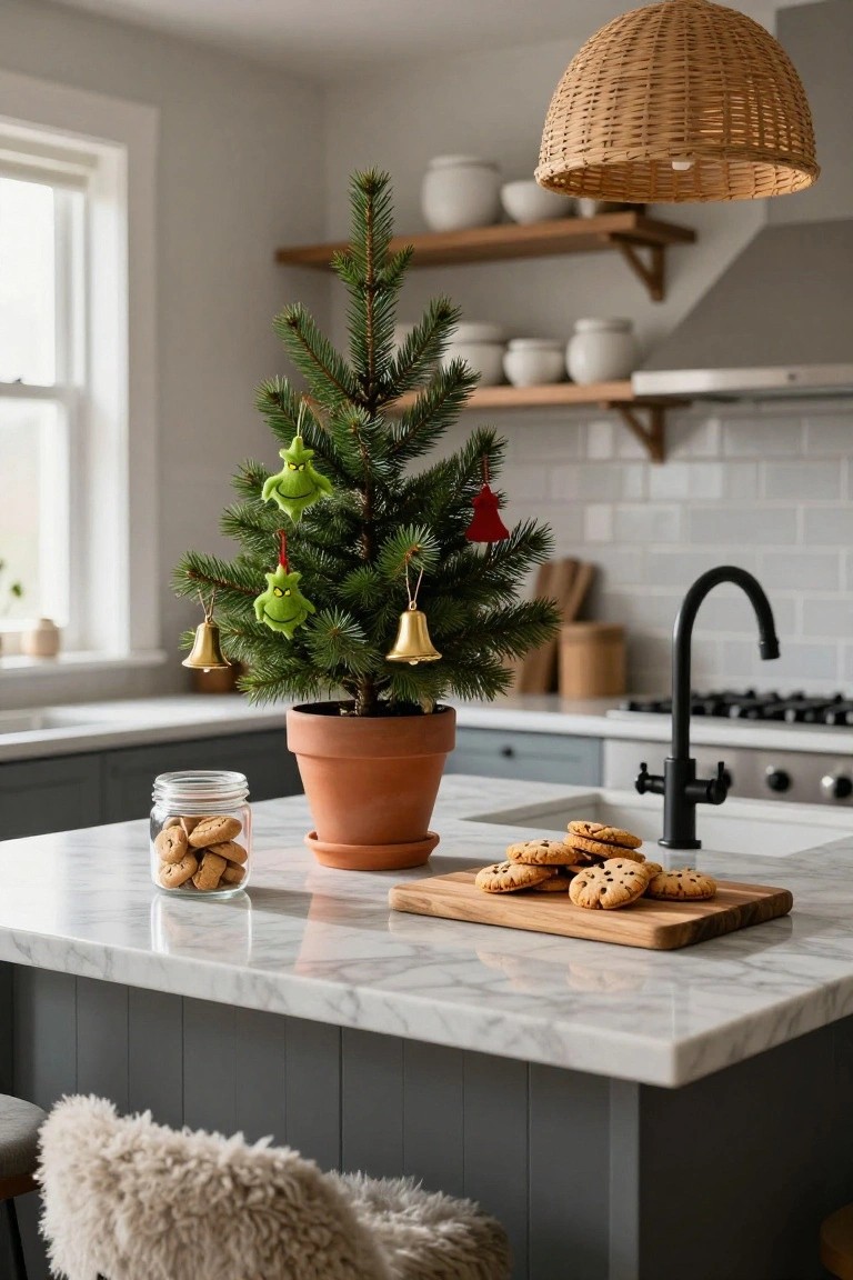 Small potted Christmas tree decorated with green Grinch plush ornaments and bells on a marble kitchen island next to a jar and plate of cookies, with a modern kitchen backdrop including white shelves, black faucet, and fur stool.
