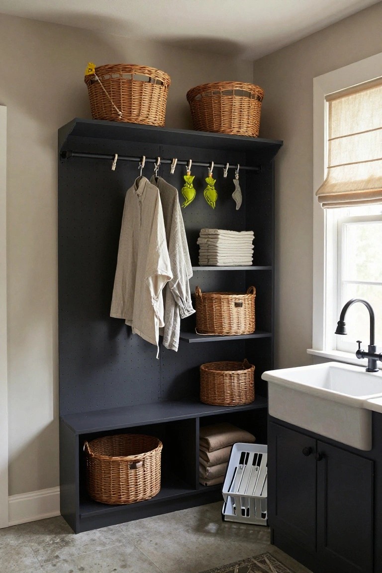 Black built-in shelving unit in a corner laundry room with wicker baskets on shelves, hanging shirts and towels on pegs, stacked towels, and an adjacent farmhouse sink with black faucet.
